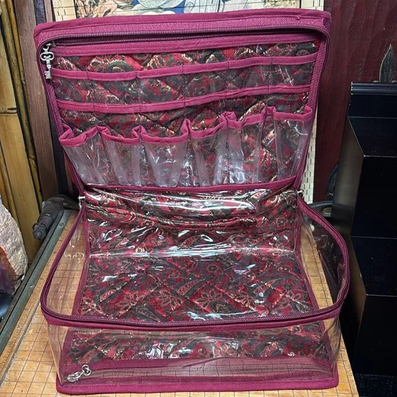 Travel Makeup Cosmetics Jewelry Bag Red Paisley Quilt Large 10”Lx8.25”Wx4”D GUC - Picture 13 of 17